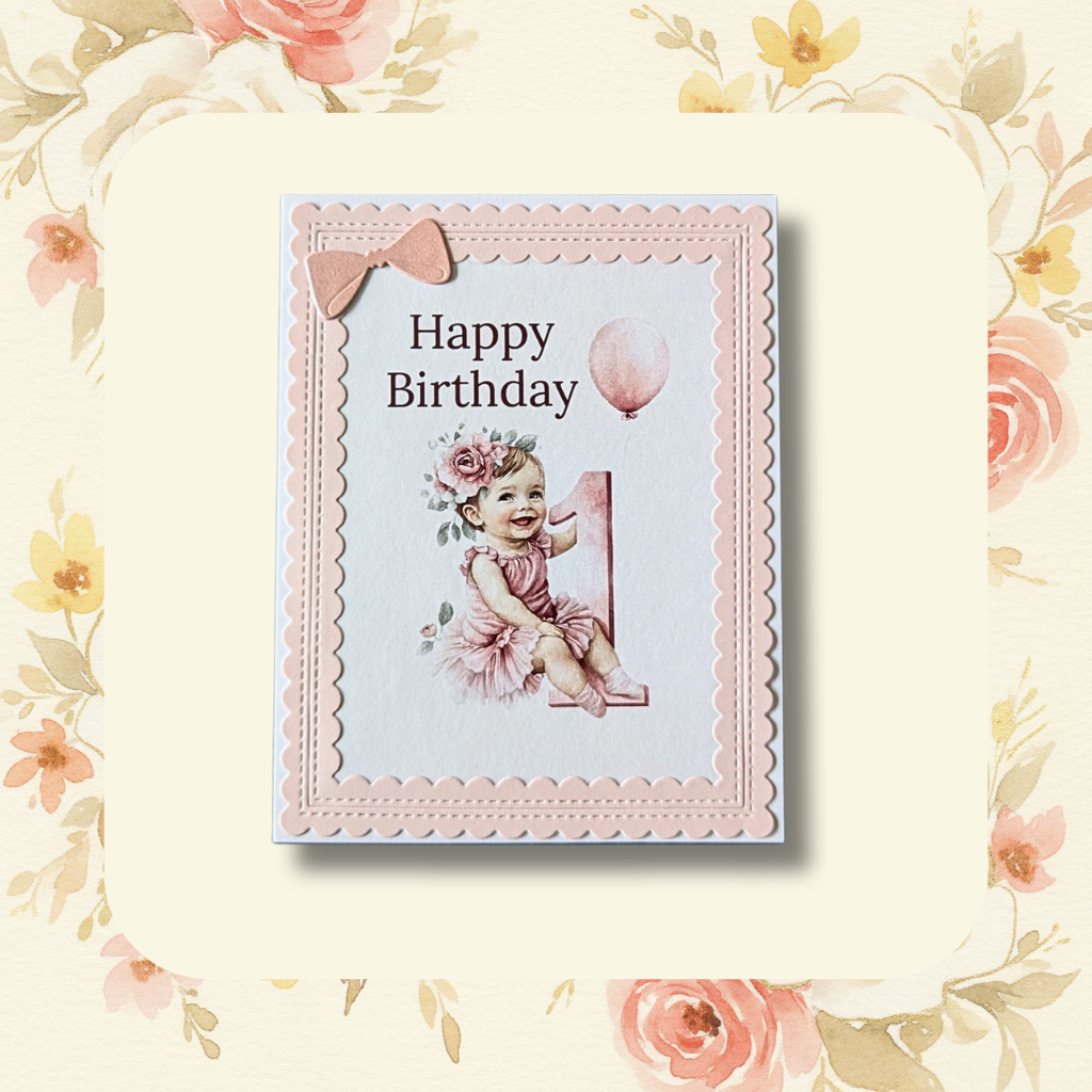 Handmade baby girl first birthday greeting card with vintage girl in pink dress, floral crown, number 1 and pink balloon on blush floral background