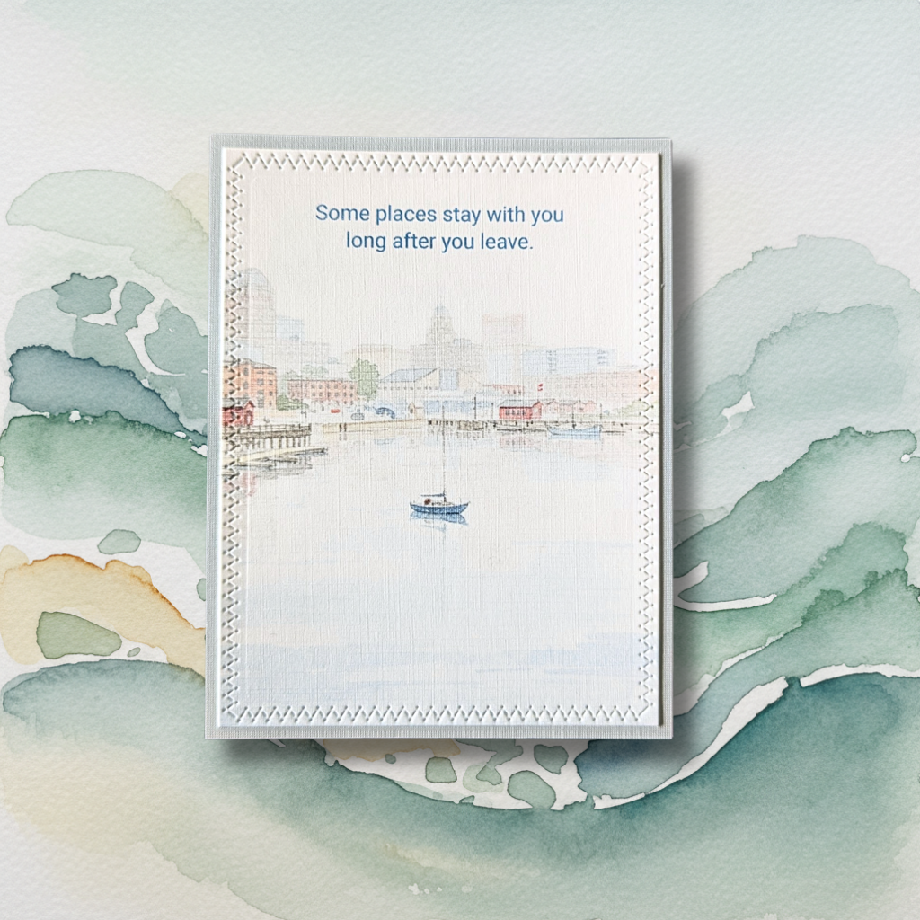 Handmade Halifax Harbour just because thinking of you greeting card with misty watercolour scene and lone sailboat on coastal watercolour background