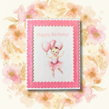 Handmade pink ballerina balloons birthday greeting card with wide pink glitter scalloped border on pink floral background