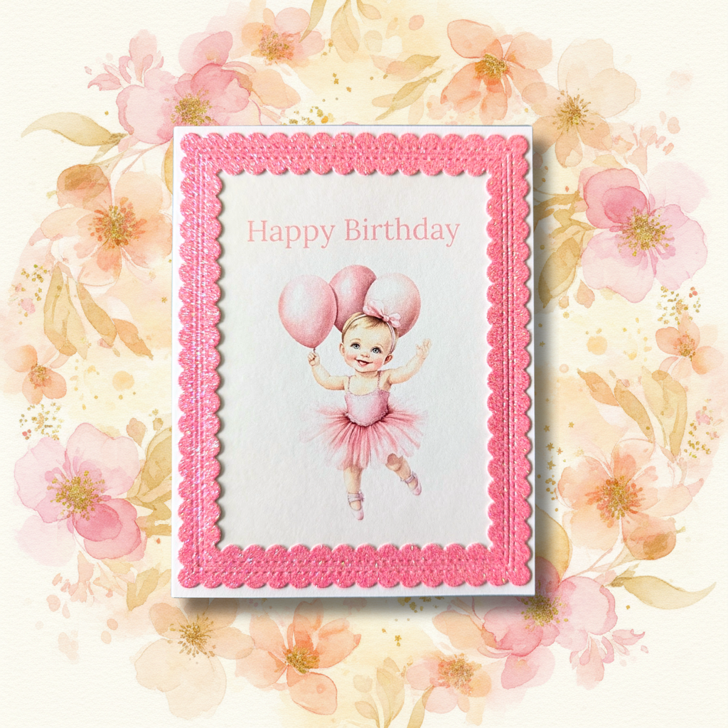 Handmade pink ballerina balloons birthday greeting card with wide pink glitter scalloped border on pink floral background
