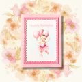 Handmade pink ballerina balloons layered birthday greeting card with glitter scalloped border and dark pink cardstock mat on pink floral background