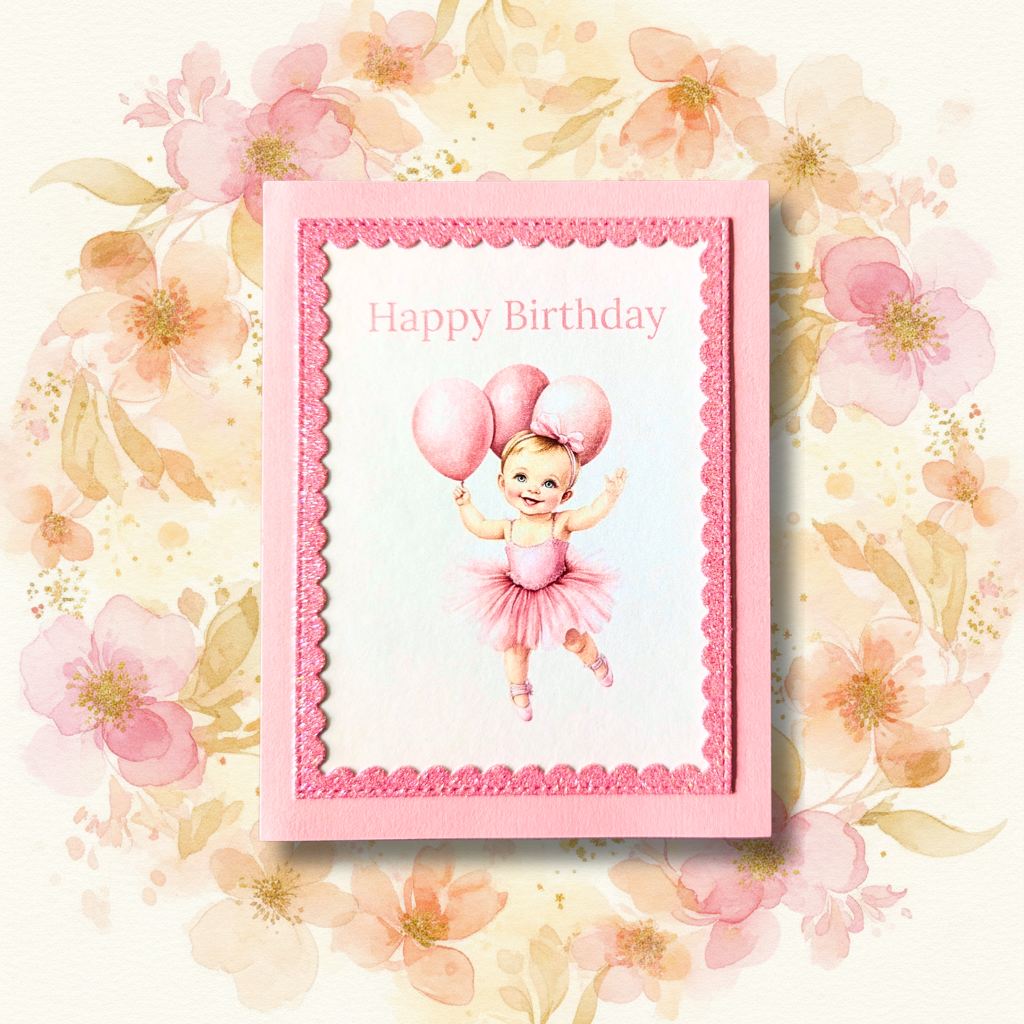 Handmade pink ballerina balloons layered birthday greeting card with glitter scalloped border and dark pink cardstock mat on pink floral background