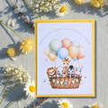 Safari Animals Polka Dot Balloon Basket Birthday Greeting Card with yellow polka dot layer, yellow mat and matching yellow envelope