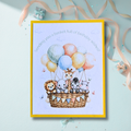 Safari Animals Balloon Basket Birthday Greeting Card with yellow mat and matching yellow envelope