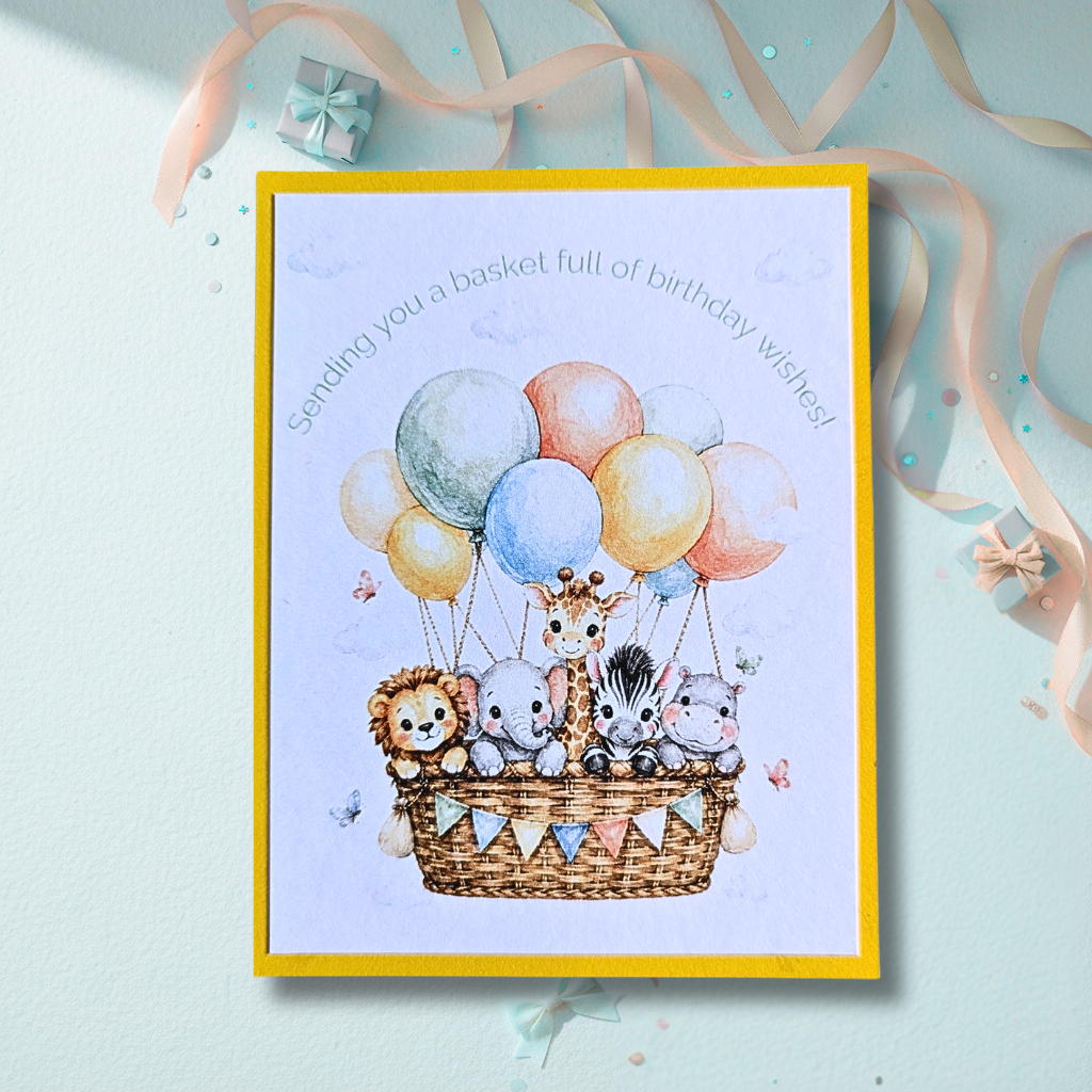 Safari Animals Balloon Basket Birthday Greeting Card with yellow mat and matching yellow envelope