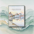 Handmade Halifax Harbour birthday greeting card with golden hour skyline and dock reflection on coastal watercolour background