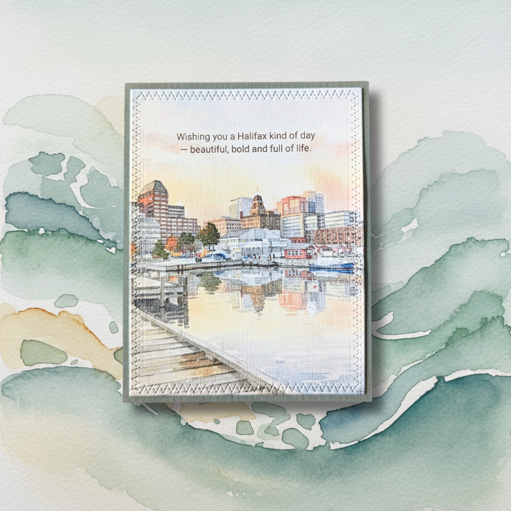 Handmade Halifax Harbour birthday greeting card with golden hour skyline and dock reflection on coastal watercolour background