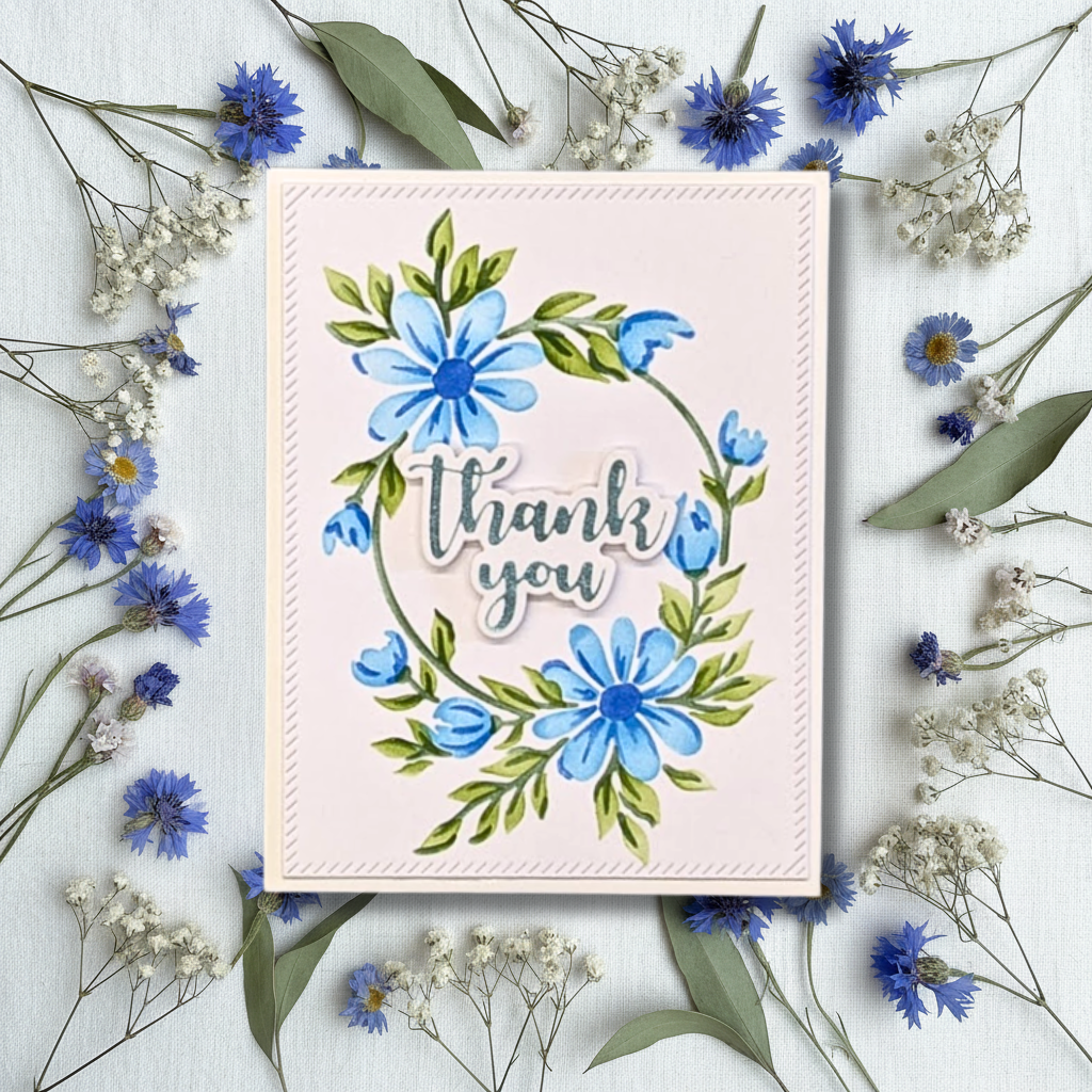Blue Floral Wreath Hand Inked Thank You Card with Foil Sentiment