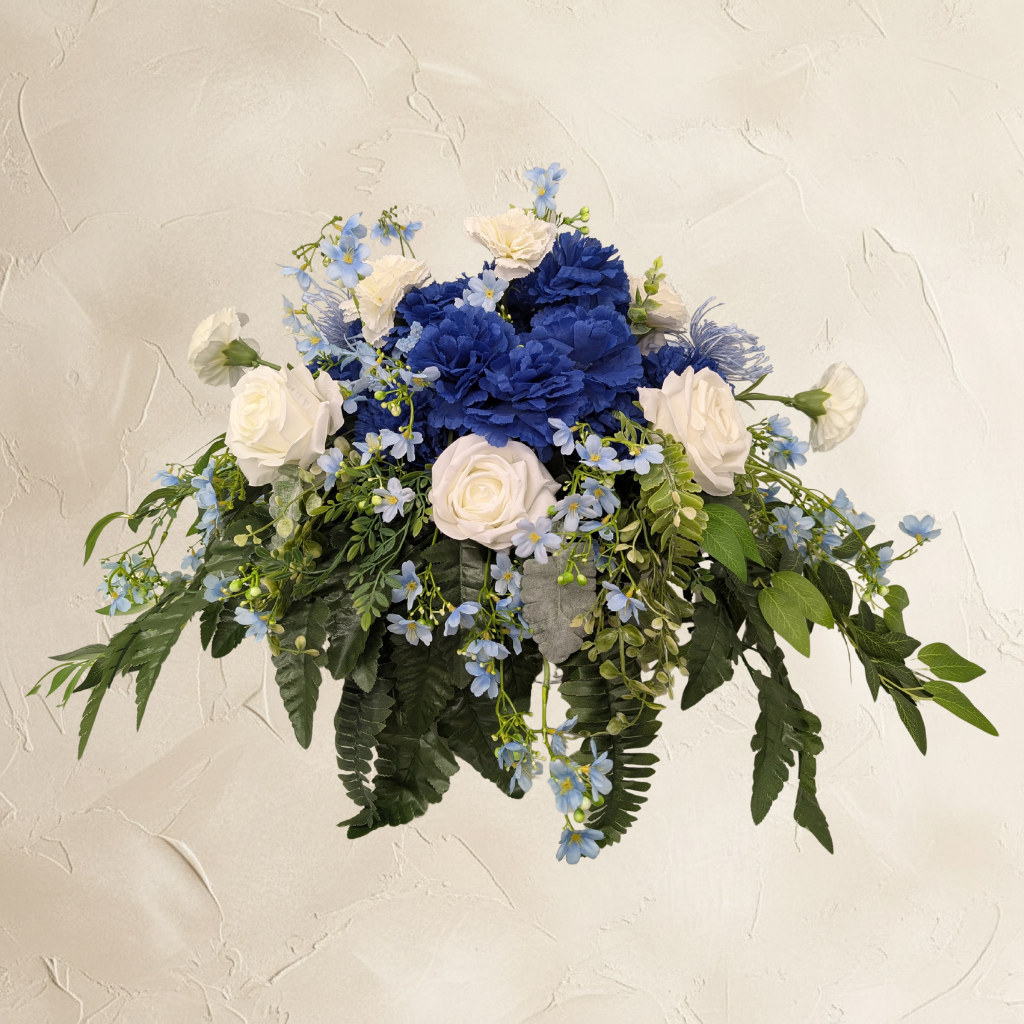 Blue & White Mixed Floral Memorial Saddle - Gallery Piece