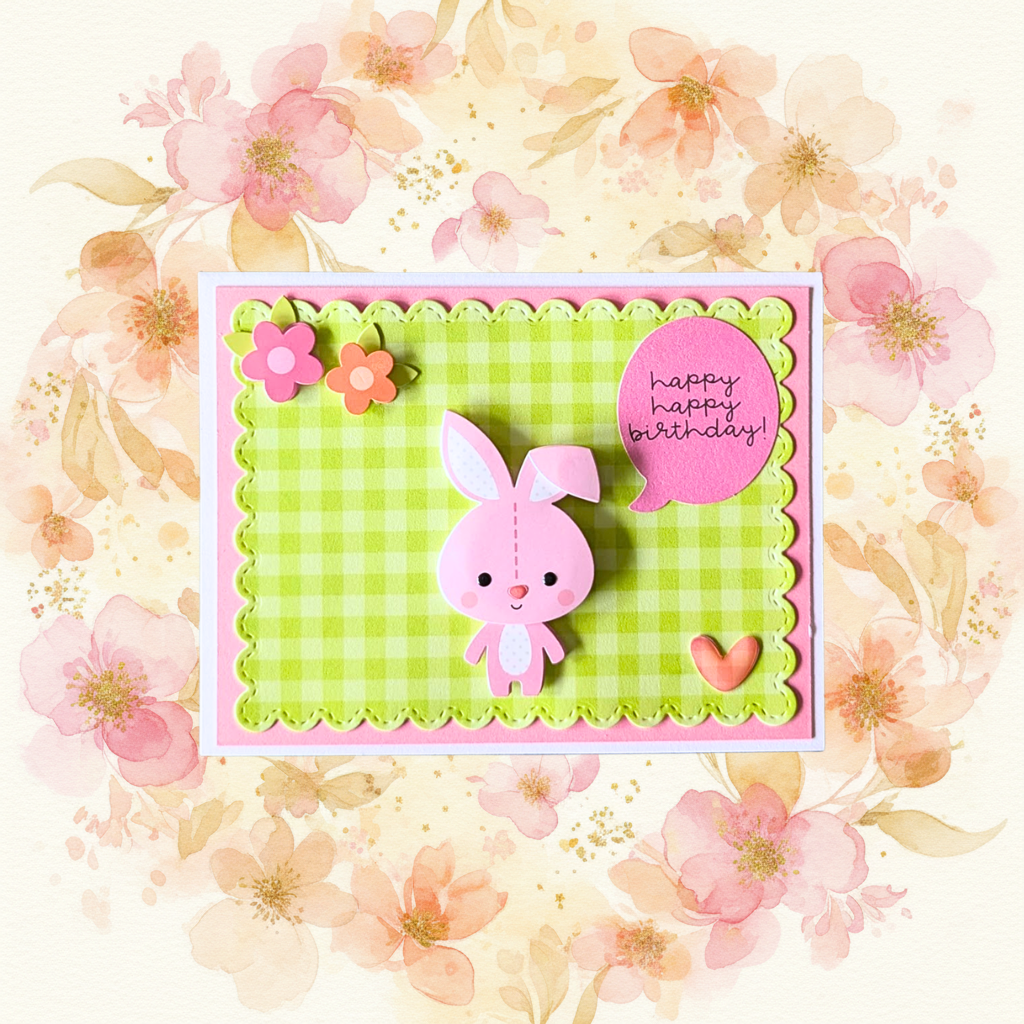 Handmade happy happy birthday bunny greeting card with layered die-cut pink bunny on green gingham mat on pink floral background