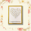 White shimmer flower heart wedding congratulations greeting card with gold foil scalloped border on blush floral background