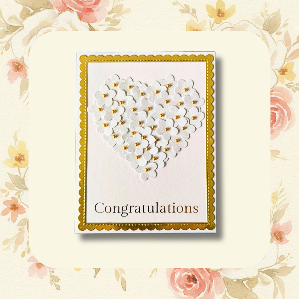 White shimmer flower heart wedding congratulations greeting card with gold foil scalloped border on blush floral background