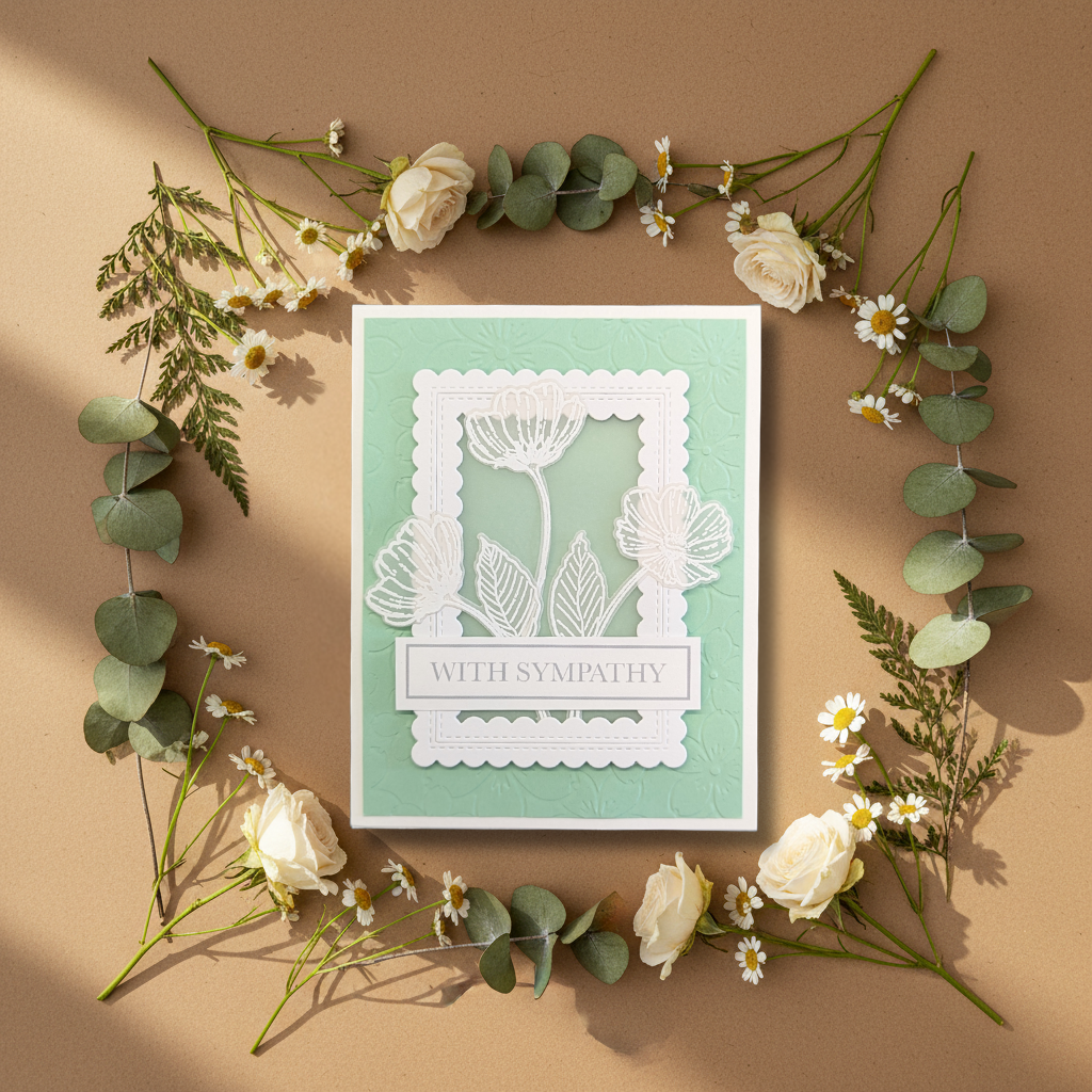 With Sympathy Card - Soft Green with Embossed Florals