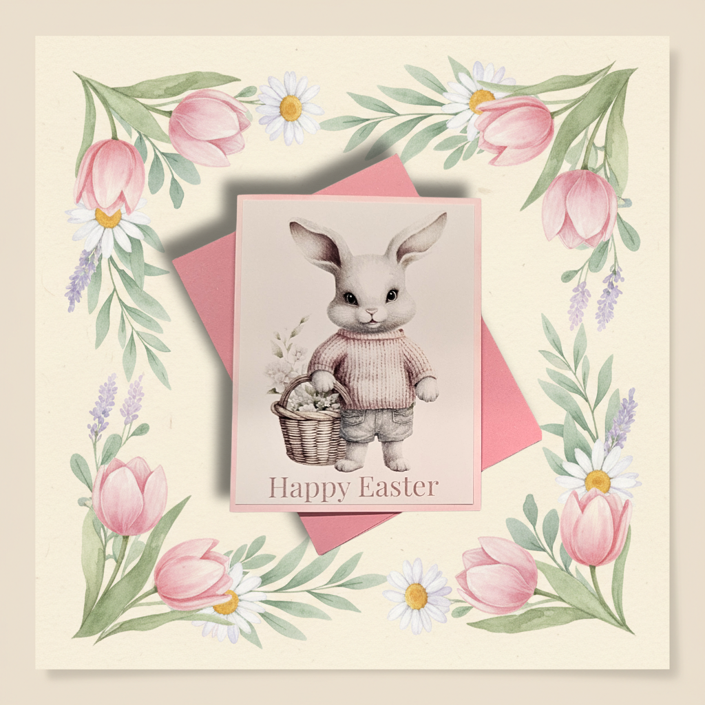 Happy Easter Pink Sweater Bunny Greeting Card