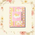 Handmade heaven sent new baby girl greeting card with sleeping baby on cloud, rainbow and umbrella patterned papers on blush floral background