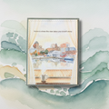 Halifax Harbour New Home Greeting Card showing illustrated harbour window view with curtains, coffee cup, and waterfront cityscape on watercolour background