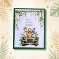 Safari Animals Jungle Jeep Birthday Greeting Card with forest green mat and white envelope