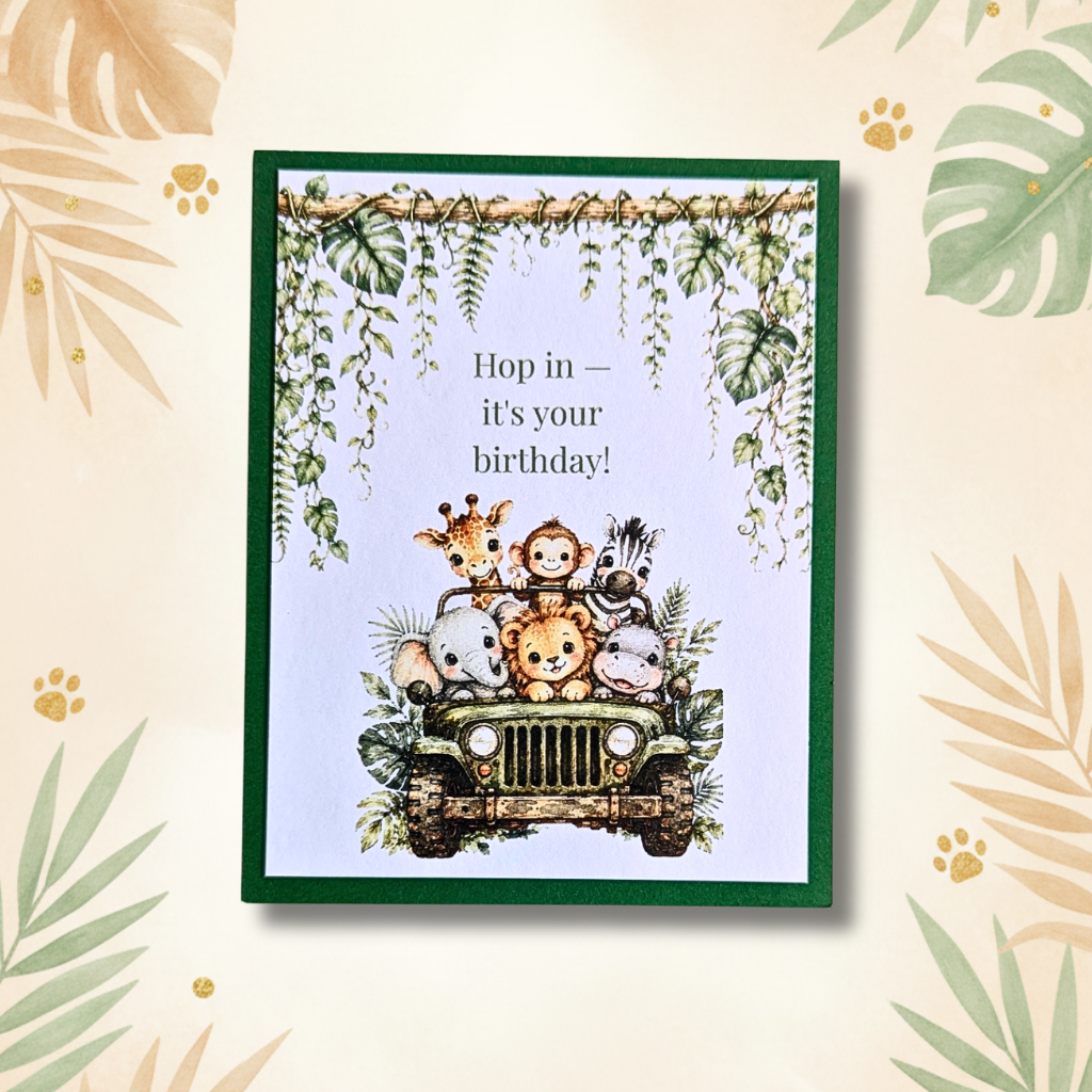 Safari Animals Jungle Jeep Birthday Greeting Card with forest green mat and white envelope