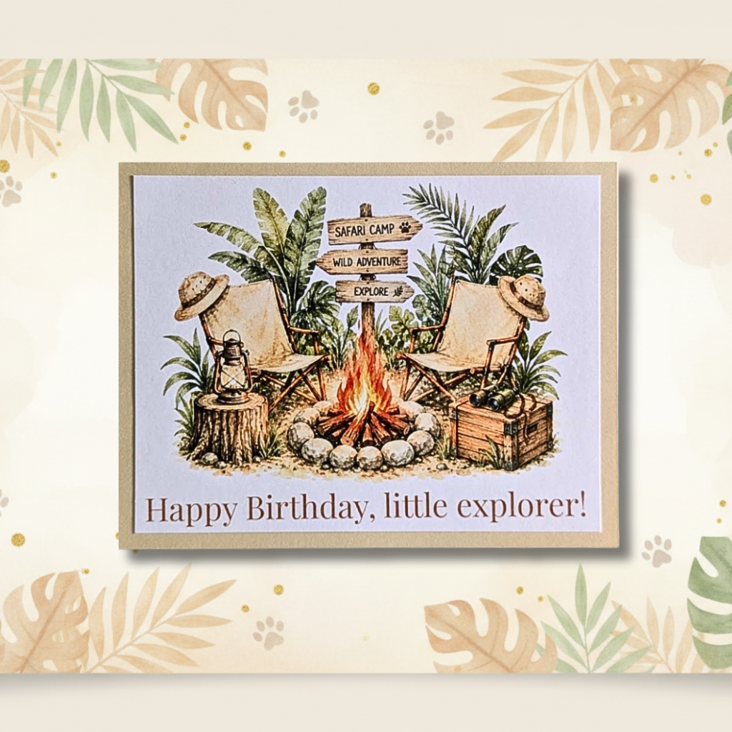 Safari Camp Little Explorer Birthday Greeting Card with cream mat and white envelope