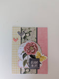 Delight in Life Floral Collage Greeting Card with pink peony, yellow butterfly, gingham and pink panels