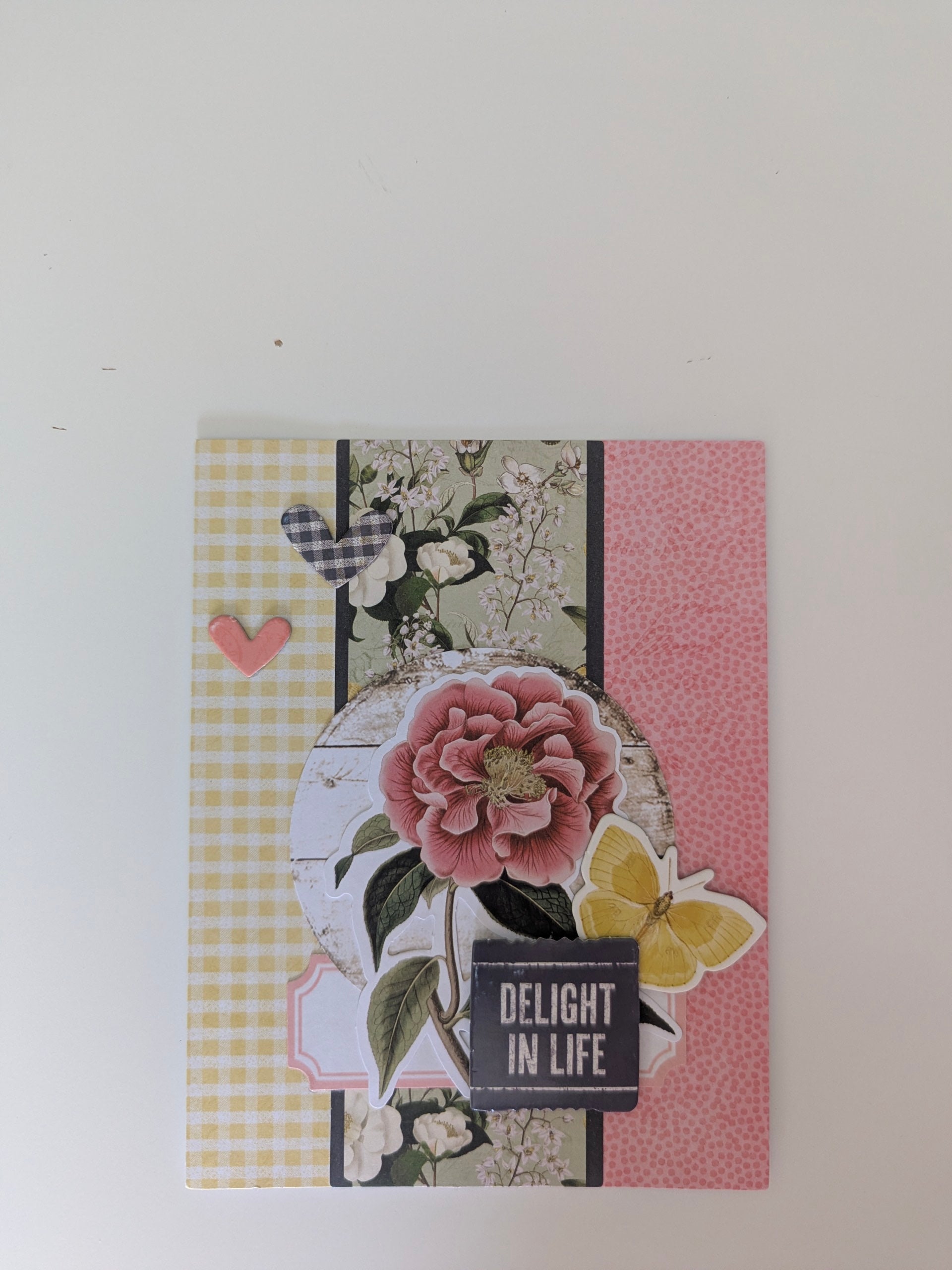 Delight in Life Floral Collage Greeting Card with pink peony, yellow butterfly, gingham and pink panels