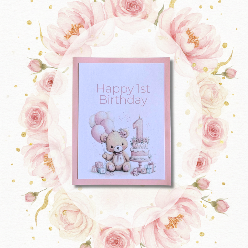Teddy Bear Happy 1st Birthday Greeting Card with blush pink mat and white envelope