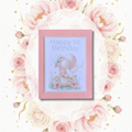 Floral Balloon Happy 1st Birthday Greeting Card with blush pink mat and white envelope