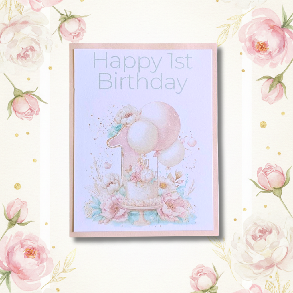 Peony Floral Happy 1st Birthday Greeting Card with blush pink mat and white envelope