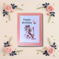 Pink Ballerina Baby Girl 1st Birthday Greeting Card with pink scalloped border and pale lavender panel