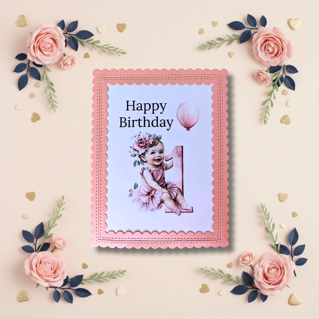 Pink Ballerina Baby Girl 1st Birthday Greeting Card with pink scalloped border and pale lavender panel