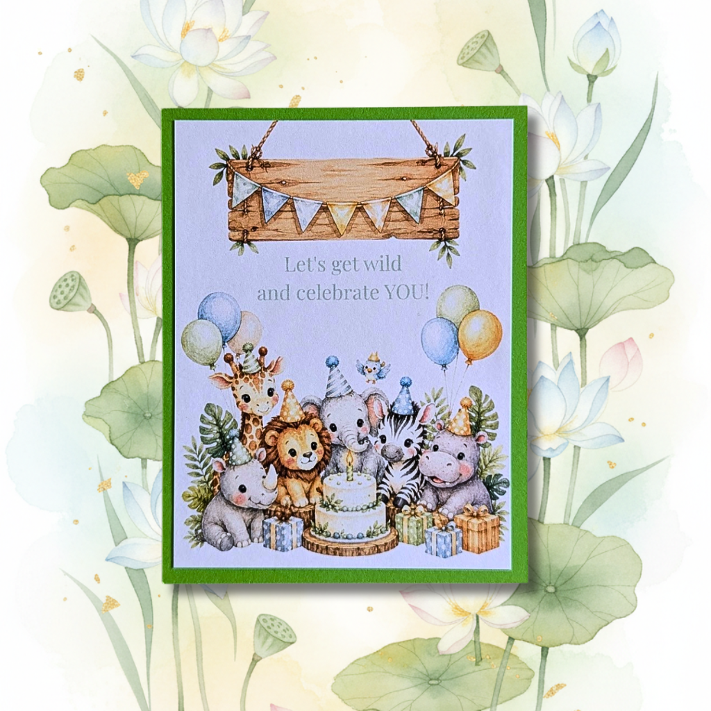 Safari Animals Party Birthday Greeting Card with bright green mat and white envelope