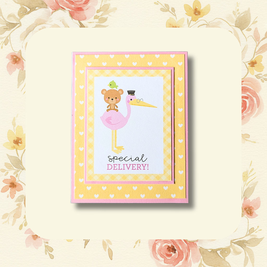 Handmade special delivery stork and bear new baby girl greeting card with yellow hearts patterned paper and pink mat on blush floral background