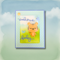 Welcome Baby Tiger Greeting Card with tiger cub die-cut on green gradient panel with periwinkle blue mat and cloud background
