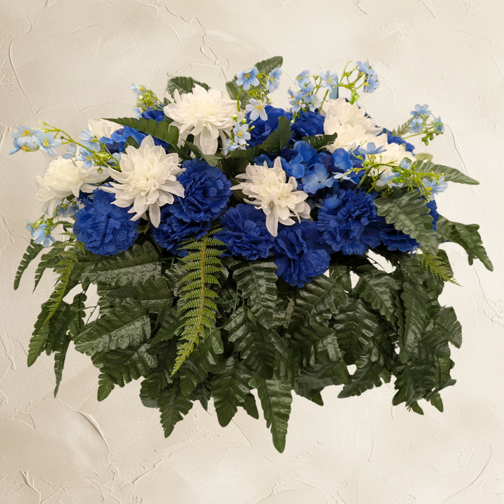 Blue Carnation & White Dahlia Memorial Saddle