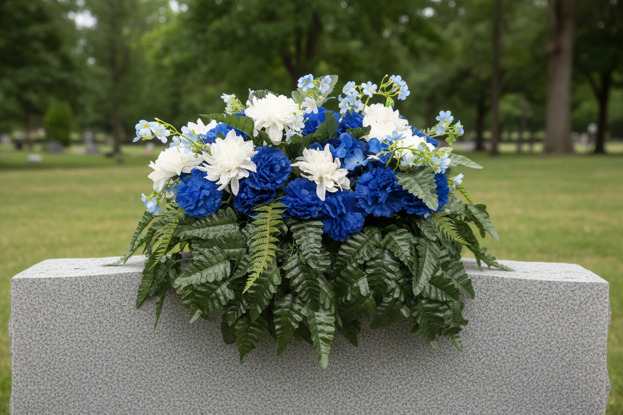 Blue Carnation & White Dahlia Memorial Saddle
