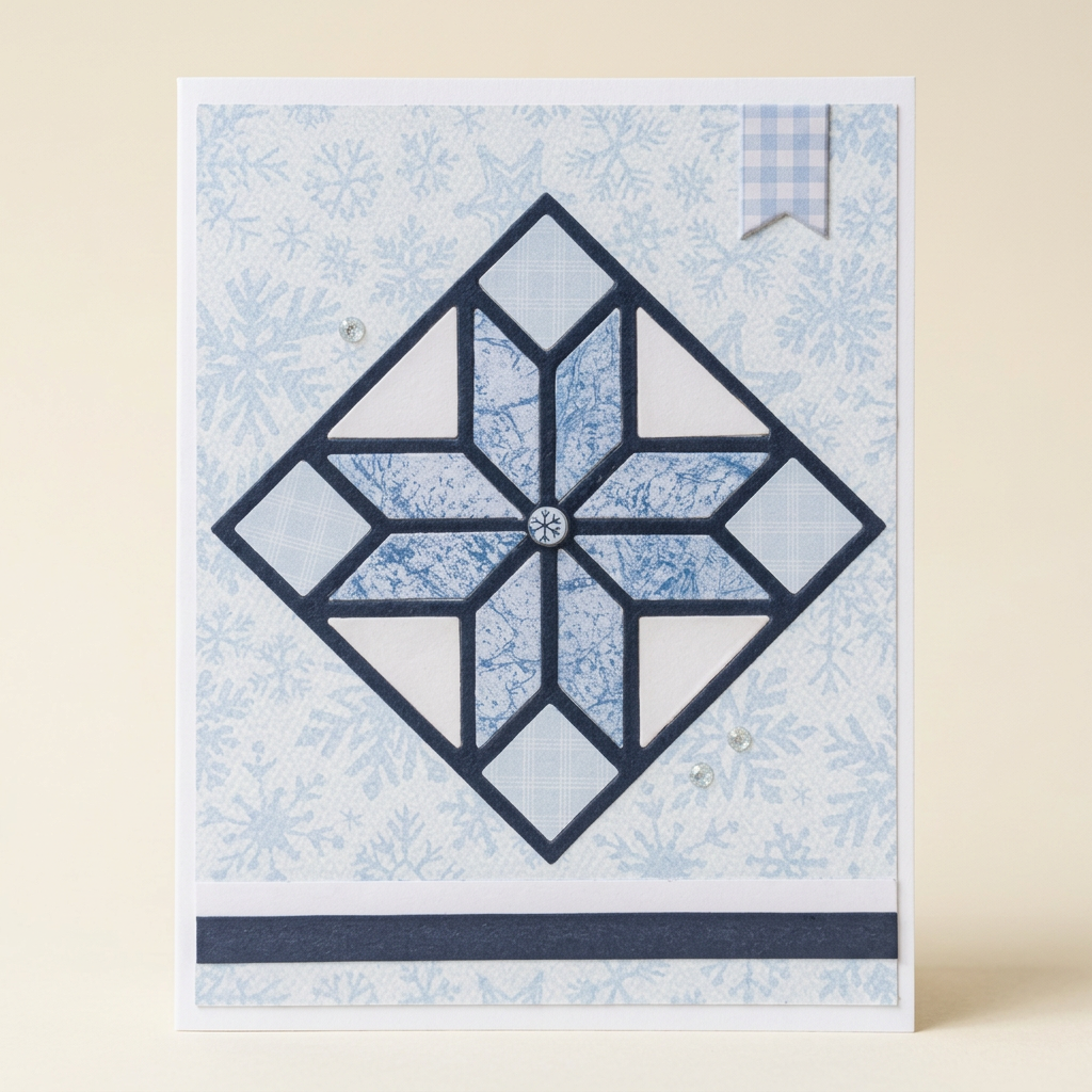 Navy geometric snowflake Christmas card with pale blue patterns and gingham banner