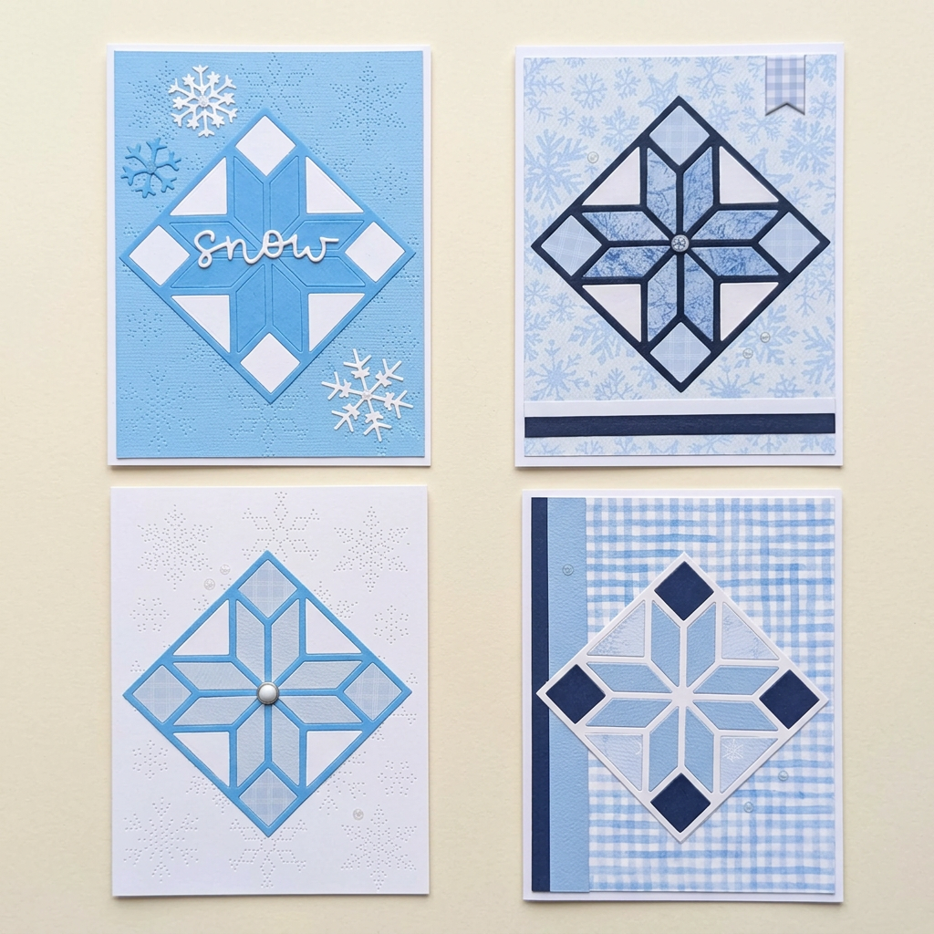 Four different frosted blue geometric snowflake Christmas cards arranged together