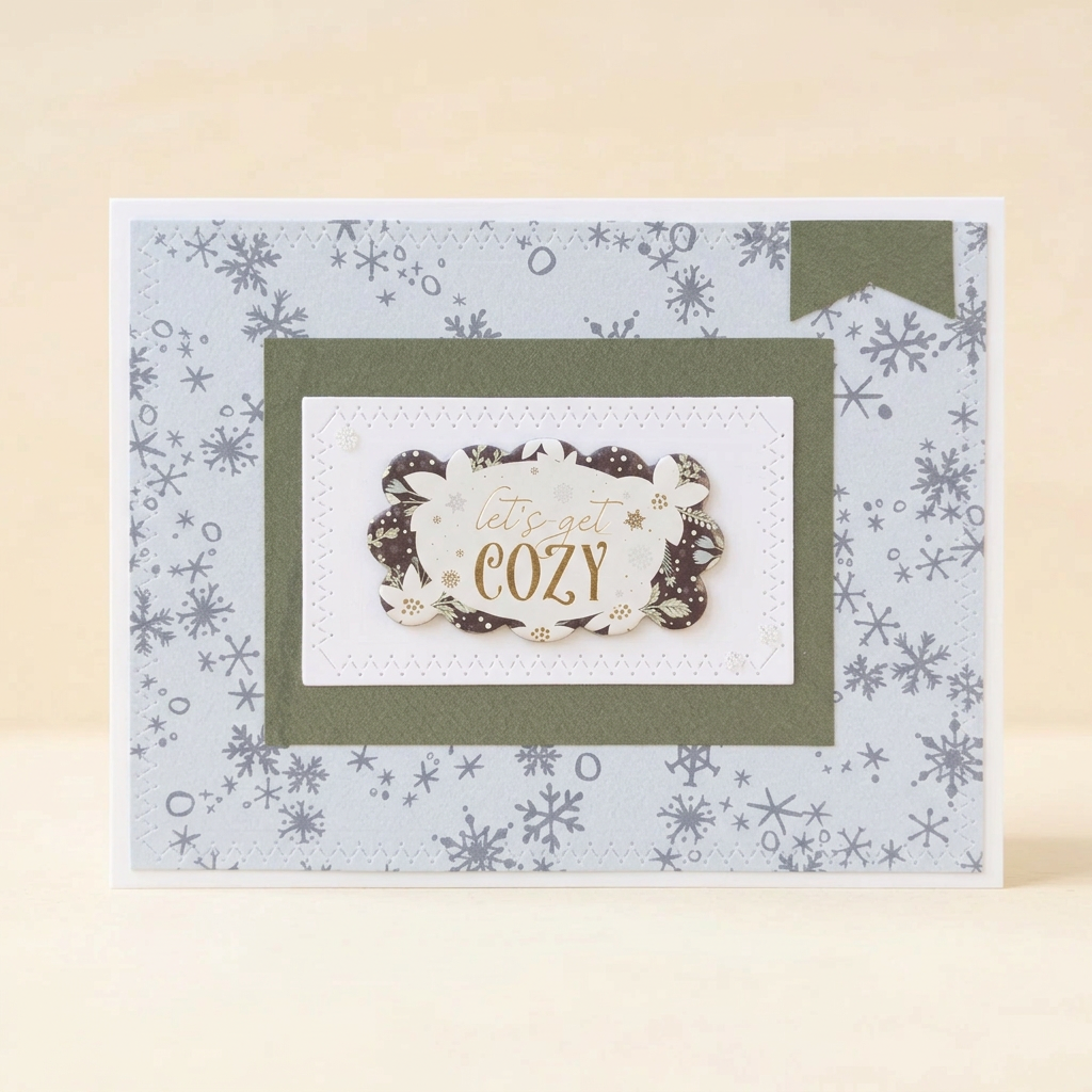 Let's Get Cozy layered snowflake greeting card on a soft cream background