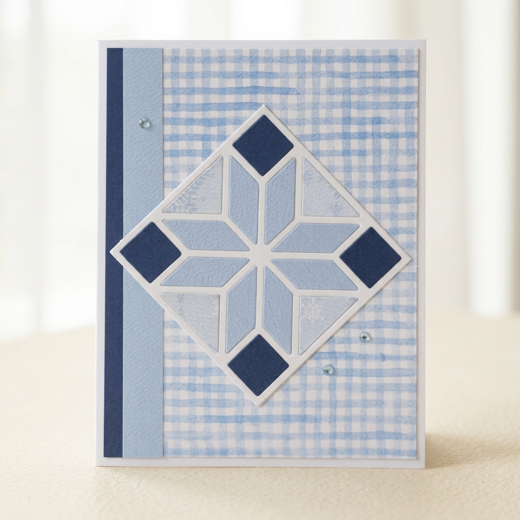 Blue gingham Christmas card with white geometric snowflake frame and navy diamonds