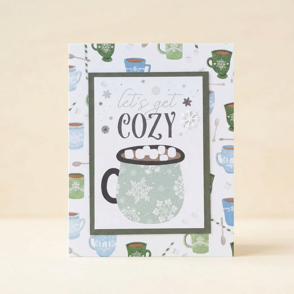 Let's Get Cozy cocoa mug greeting card on a soft cream background