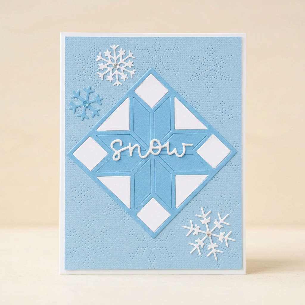 Blue Snow Christmas card with white snowflakes and geometric layered design