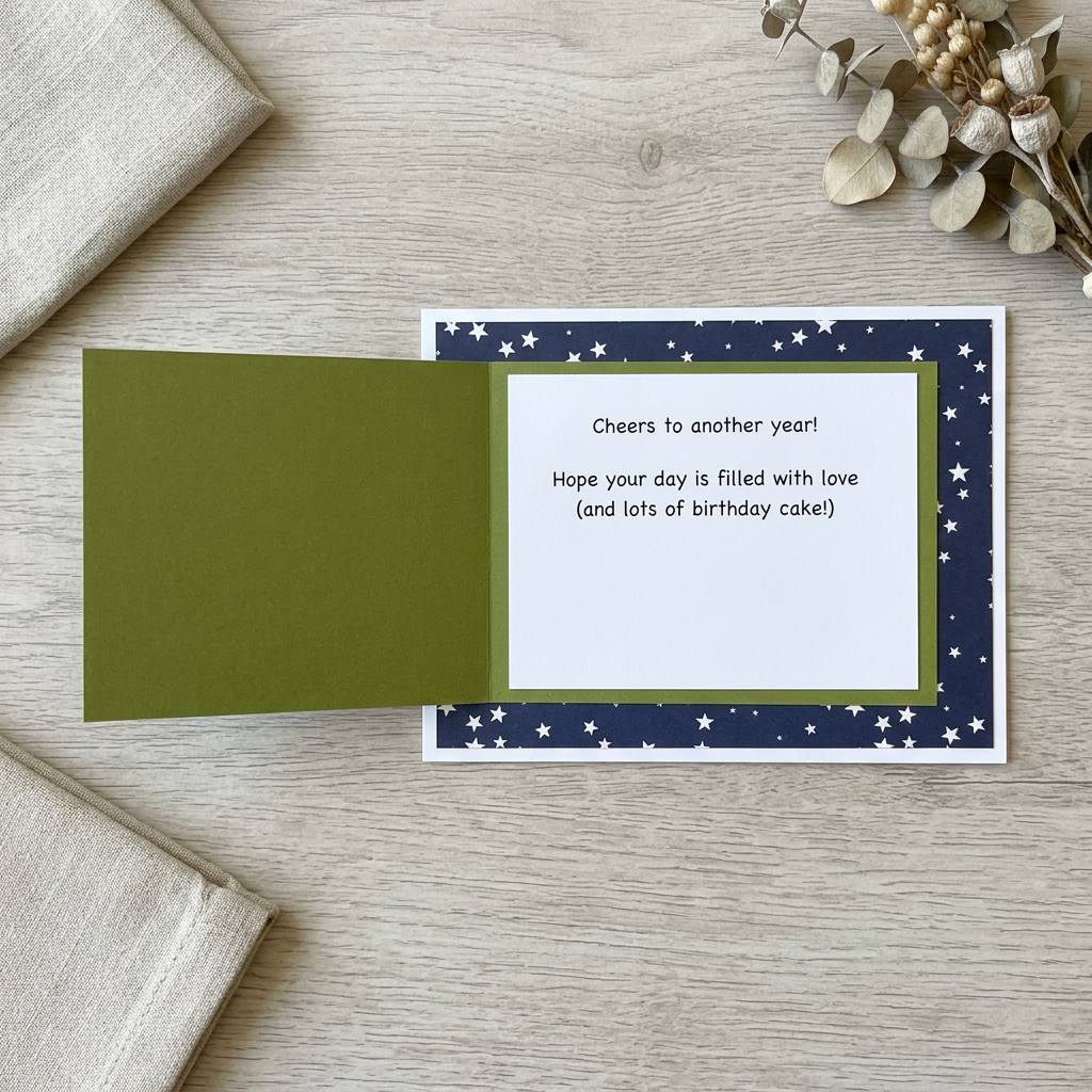 Mini mounted birthday card with green flap open to show its printed birthday sentiment, styled on pale wood with linen.