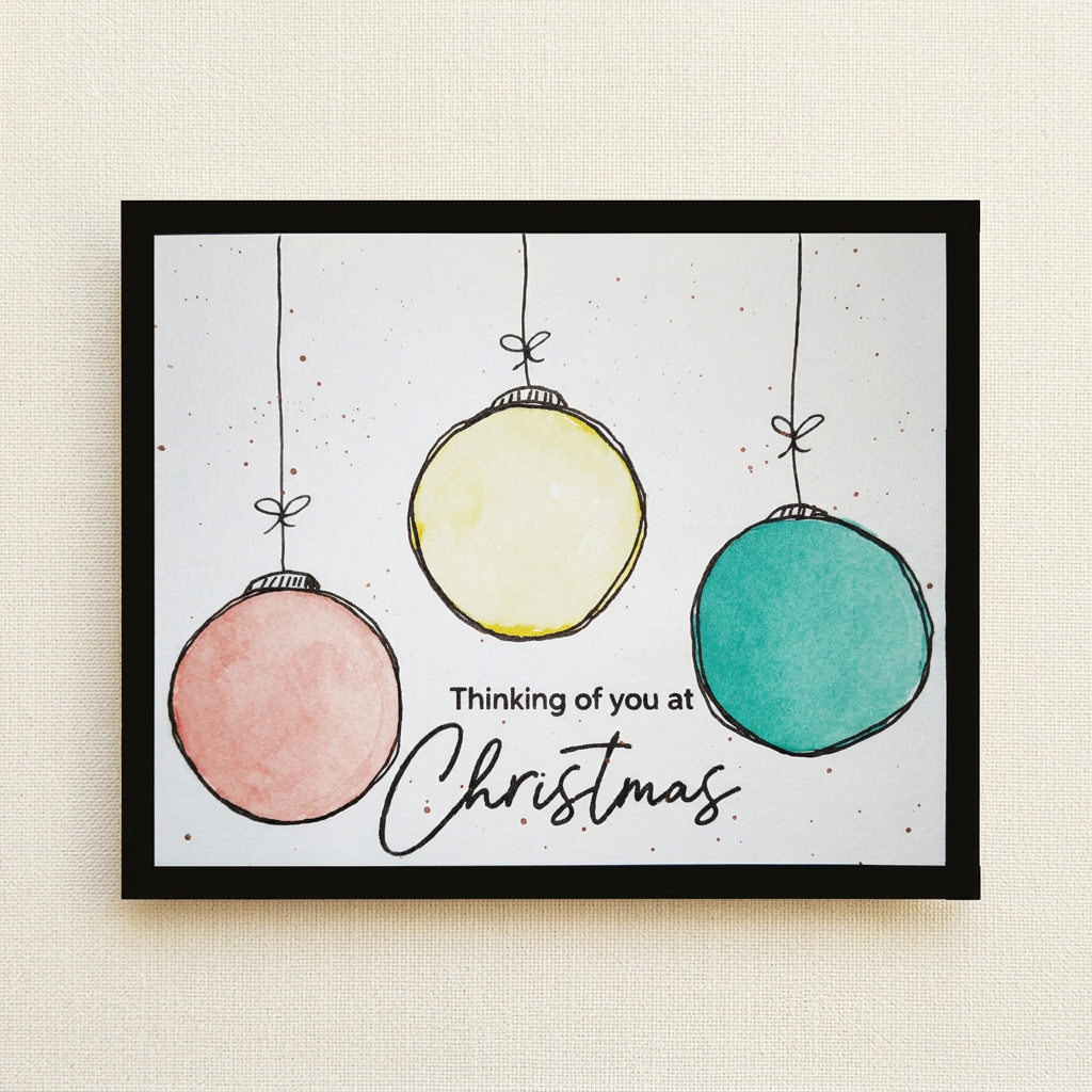 Watercolour Christmas card with peach, pale yellow and teal ornaments