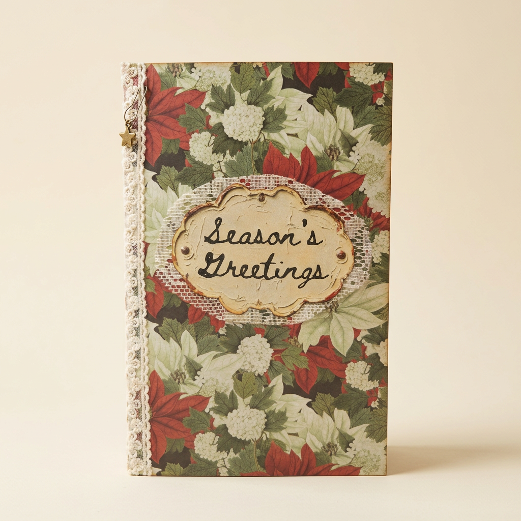 Vintage Rustic Christmas Journal standing upright on a cream background