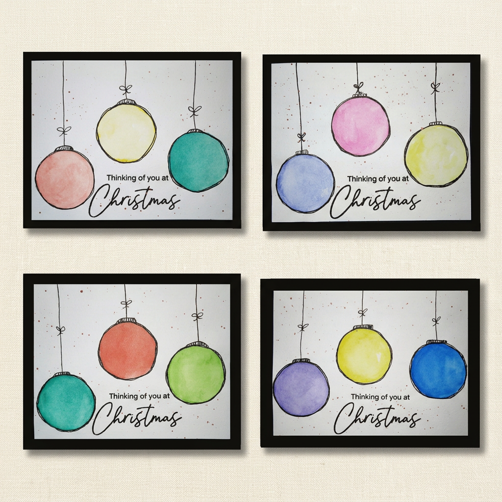 Set of four watercolour ornament Christmas greeting cards on a warm cream background