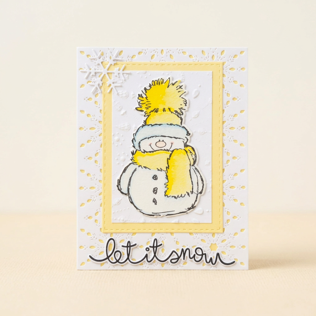 Yellow snowman Let It Snow greeting card with embossed white layers and snowflake details on a cream background.