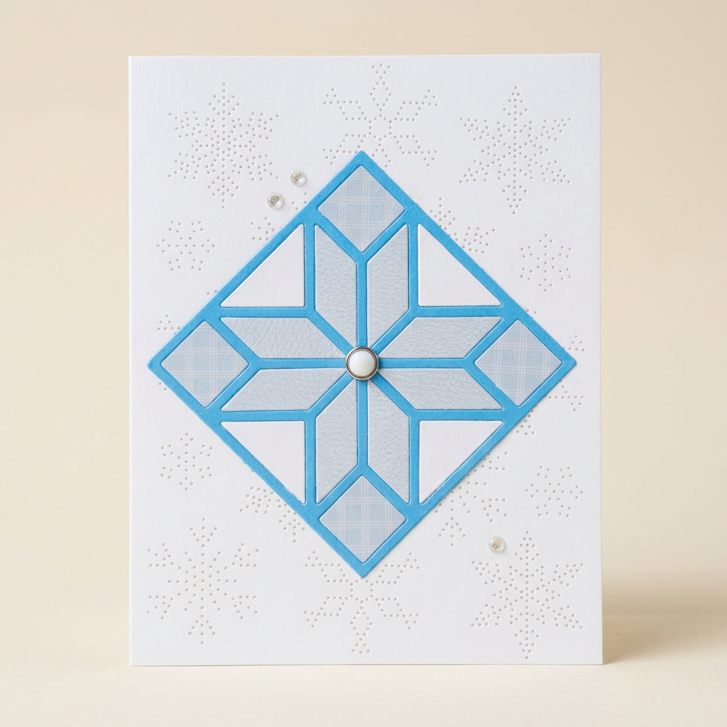 White pierced snowflake Christmas card with blue geometric frame and round centre accent