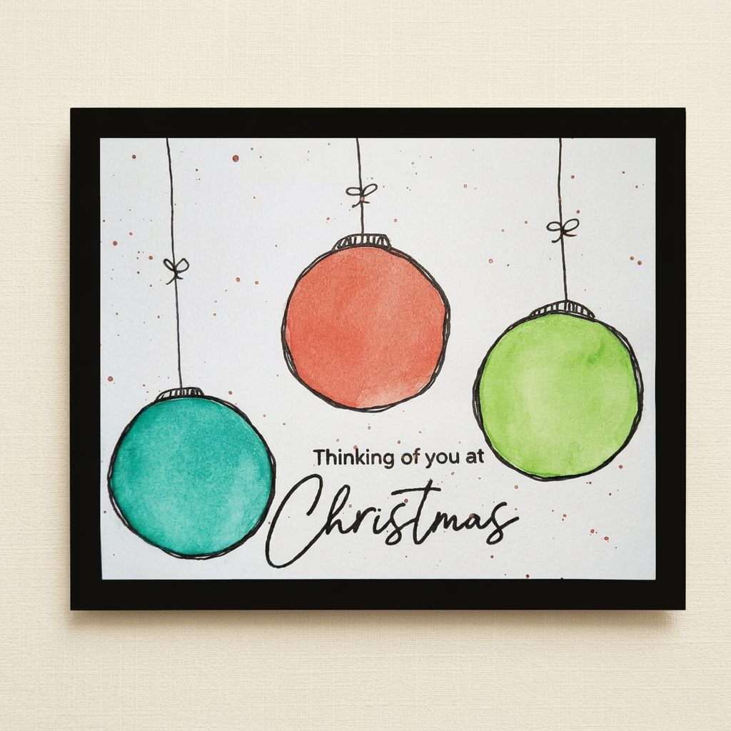 Watercolour Christmas card with teal, coral and lime green ornaments