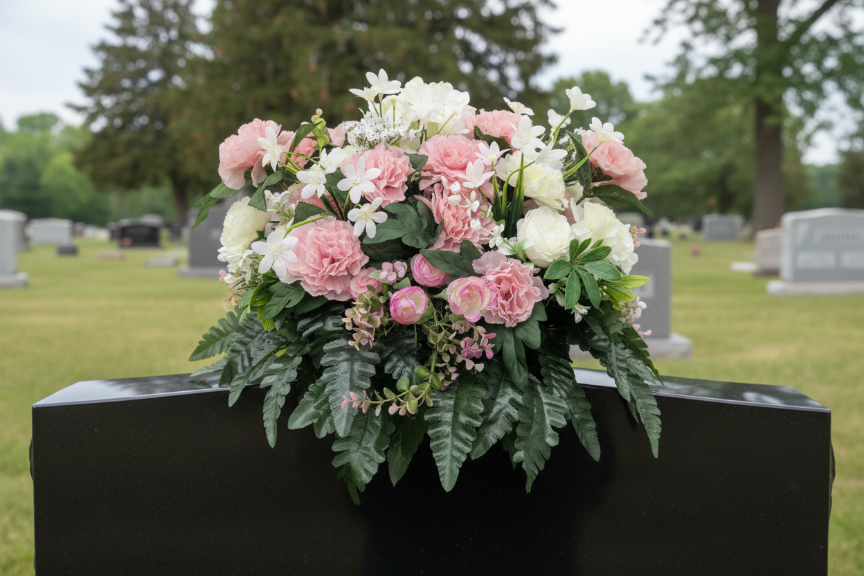 Pink and white carnation memorial arrangement on black granite monument