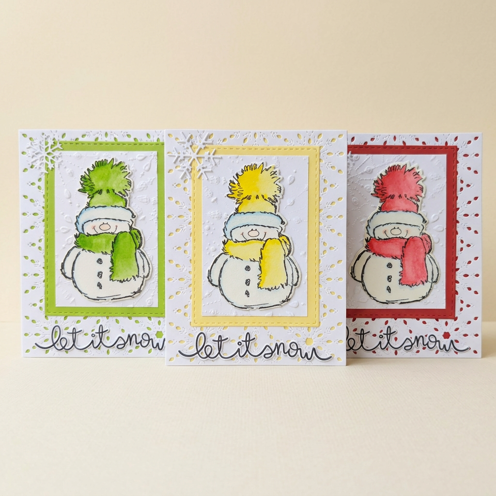 Set of three Let It Snow snowman Christmas greeting cards in green, yellow and red on a warm cream background.